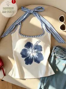 Y2K Halter Cami Ribbed Top, Summer Blue & White Gingham Tie Floral Print Sleeveless Blouse, Stylish Versatile Slim-Fit Bodycon Y2K Tee, Ideal for Women’s Beach Vacations, Parties, Gatherings and Brunch Outfits