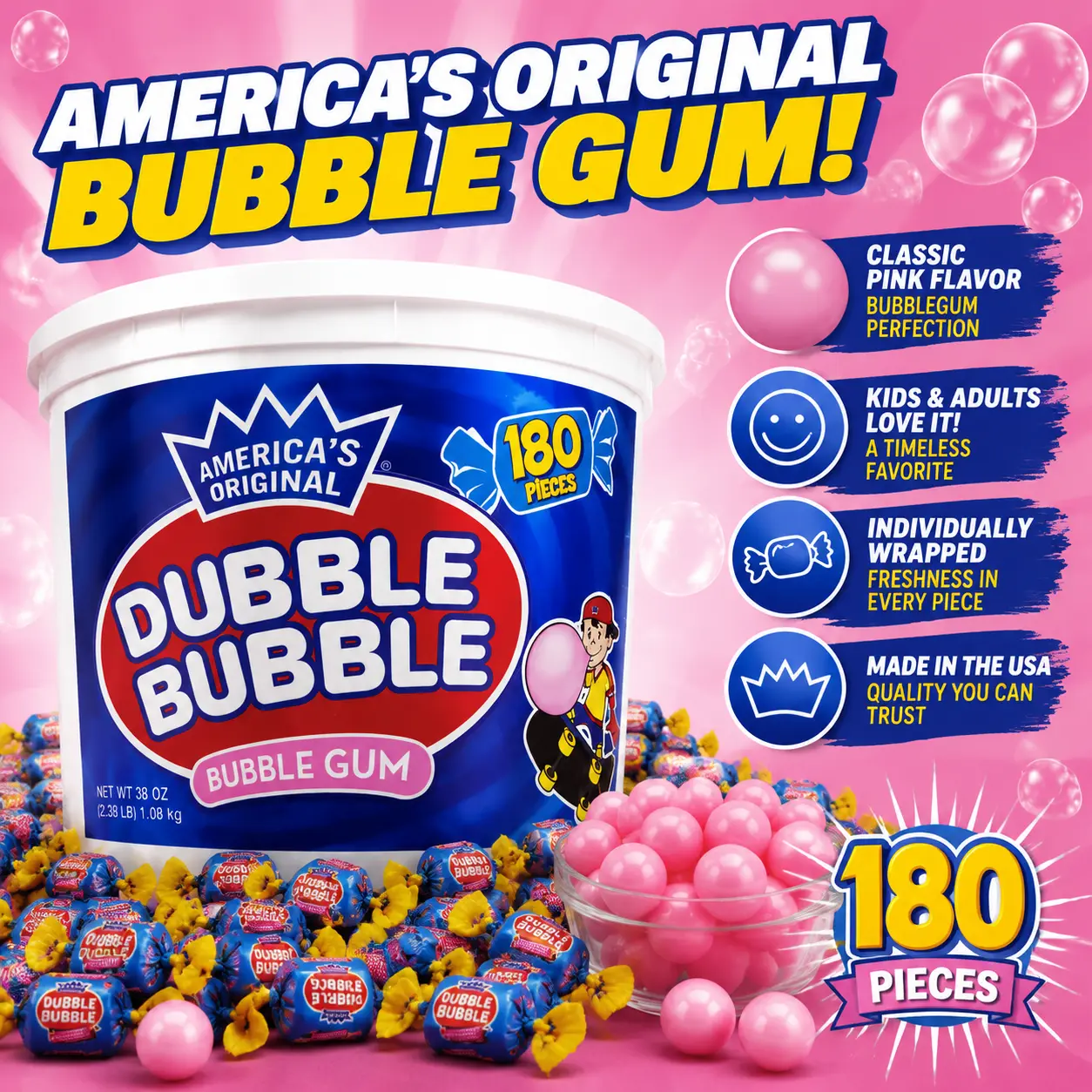 Dubble Bubble Original Bubble Gum 180 Piece Tub  Classic Pink Chewing Gum | Bulk Individually Wrapped Gum for Parties & Offices