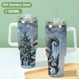 40oz large capacity car watter bottles with lid and handle, 304 stainless steel insulated tumbler, Santa Claus and Snowman, suitable for car, office, travel and birthday gifts