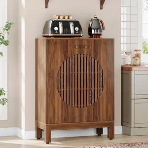 Tribesigns Sideboard Buffet Cabinet with Round Louvered Doors, 5-Tier Wooden Accent Cabinet for Living Room & Dining Room, Brown, 28.74"