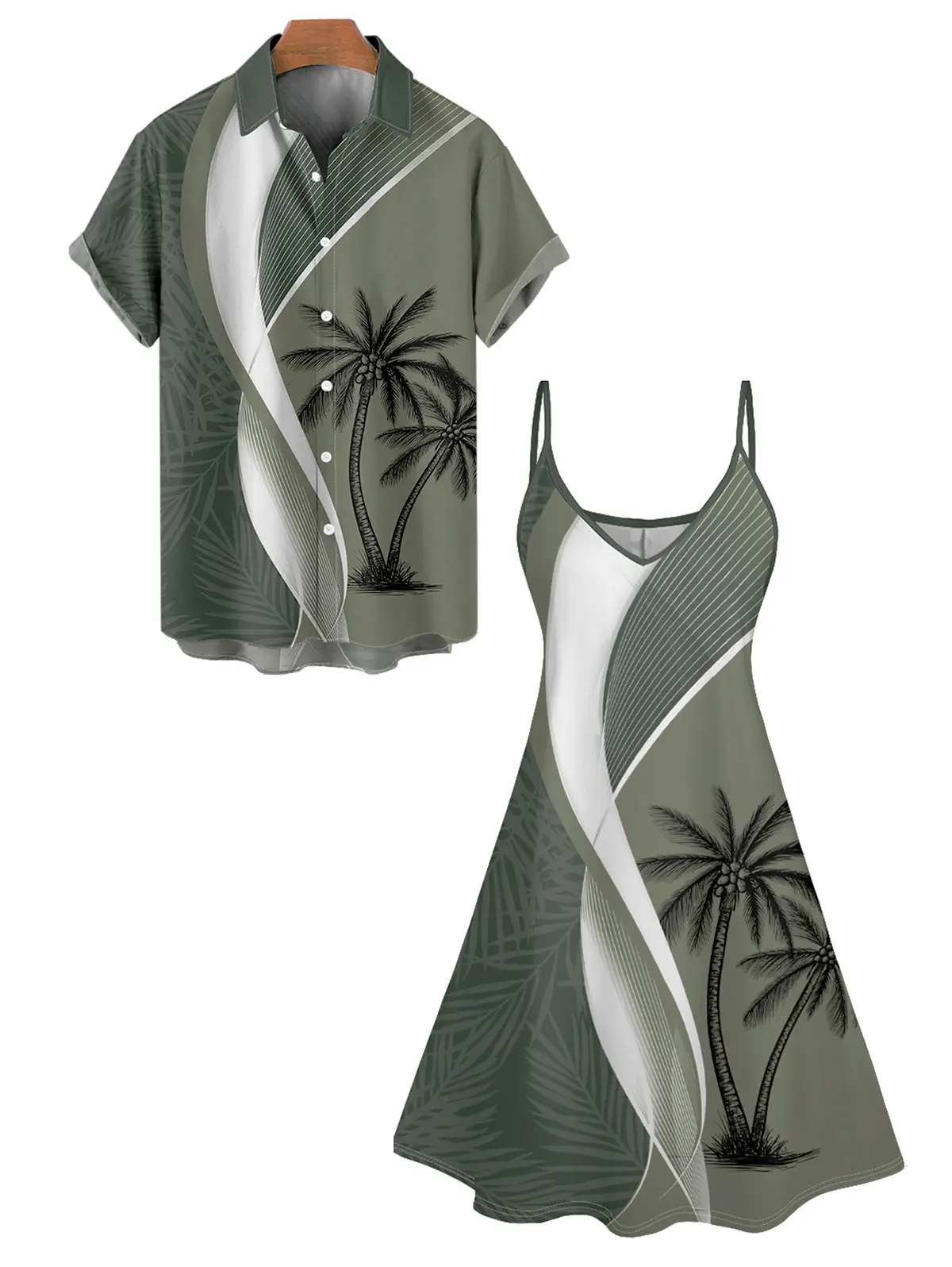 2026 Couple Set Colorblock Women's Coconut Tree Leaf Print Spaghetti Strap Vacation Dress And Men's Roll Up Sleeve Shirt Matching Outfit summerwins