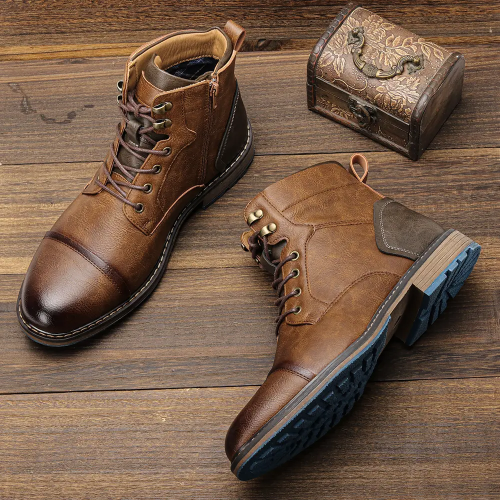 Men's Fashion High-Top Lace-Up Classic Retro Look Leather & Faux Leather Combat Boots, Comfortable Outdoor Casual Walking Footwear, Fashion Apparel, Patchwork, Laces, Pu Leather Brown Bootwear