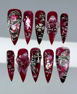 Gothic Cross Chrome Press On Nails | Deep Red Jelly Nails with 3D Flowers, Iridescent Foil & Metal Charms | Bold Statement Nail Art Set