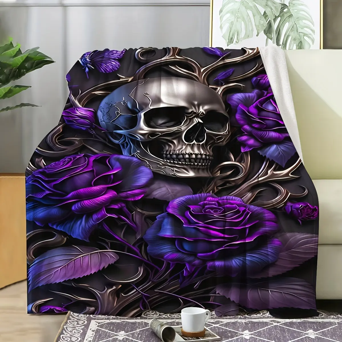 1-Piece Cozy Warm Flannel Blanket - Rose Skull Print, Soft Texture, Multi-Size, Throw Blanket for Office, Camping, All-Season Gift, Throw Blankets, Blankets
