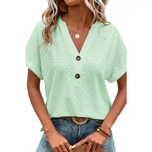 Flamingal Solid Hollow Out Button Decor V Neck T-Shirt