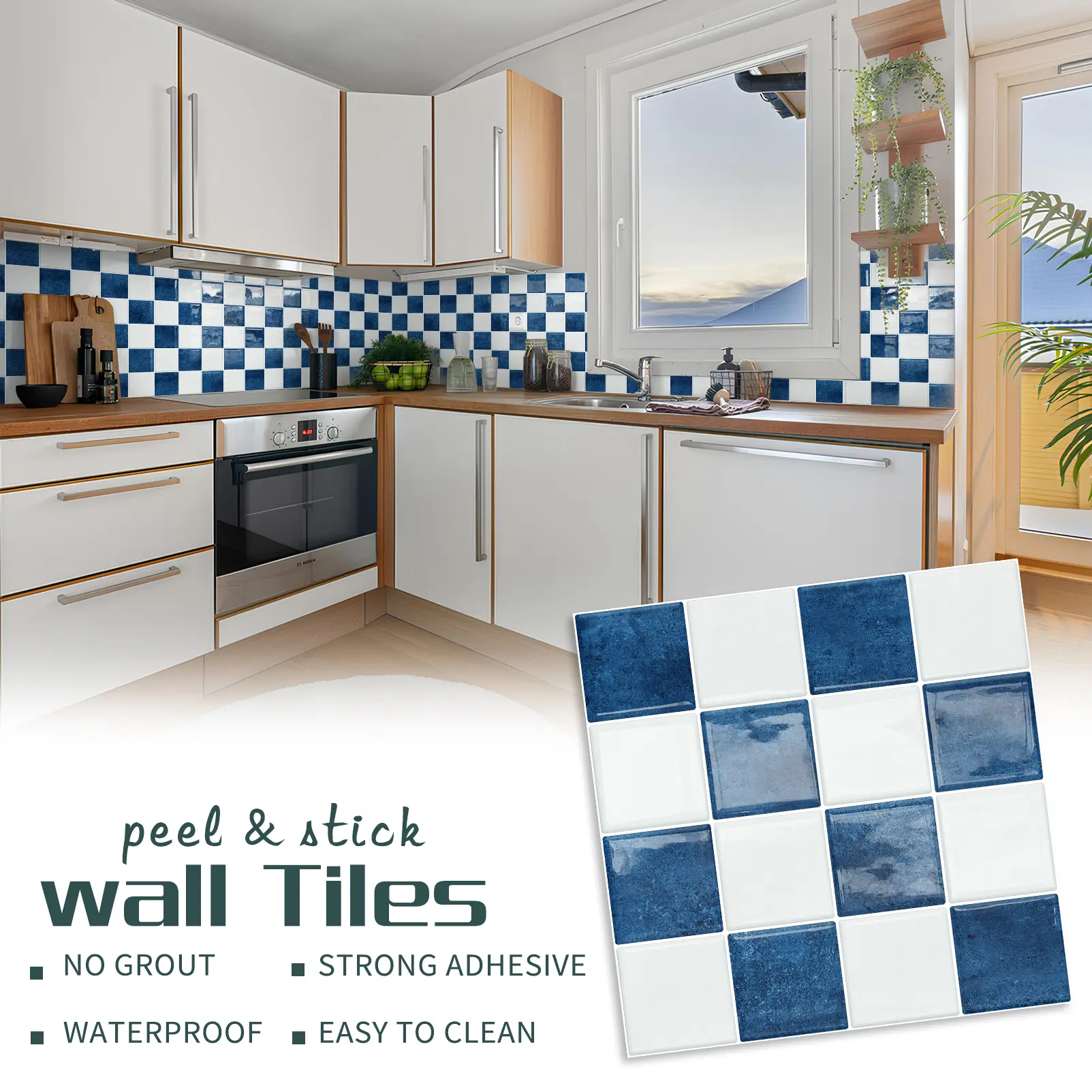 MOONFUN 10-Pcs Glossy Blue White Checkered Grid Peel and Stick Wall Tiles (9"x9"), Removable Renter-Friendly Vinyl Backsplash Stickers, Waterproof Oil-Proof for Kitchen Countertop, Modern Farmhouse Boho Coastal Home Decor unique Butterfly Hollow