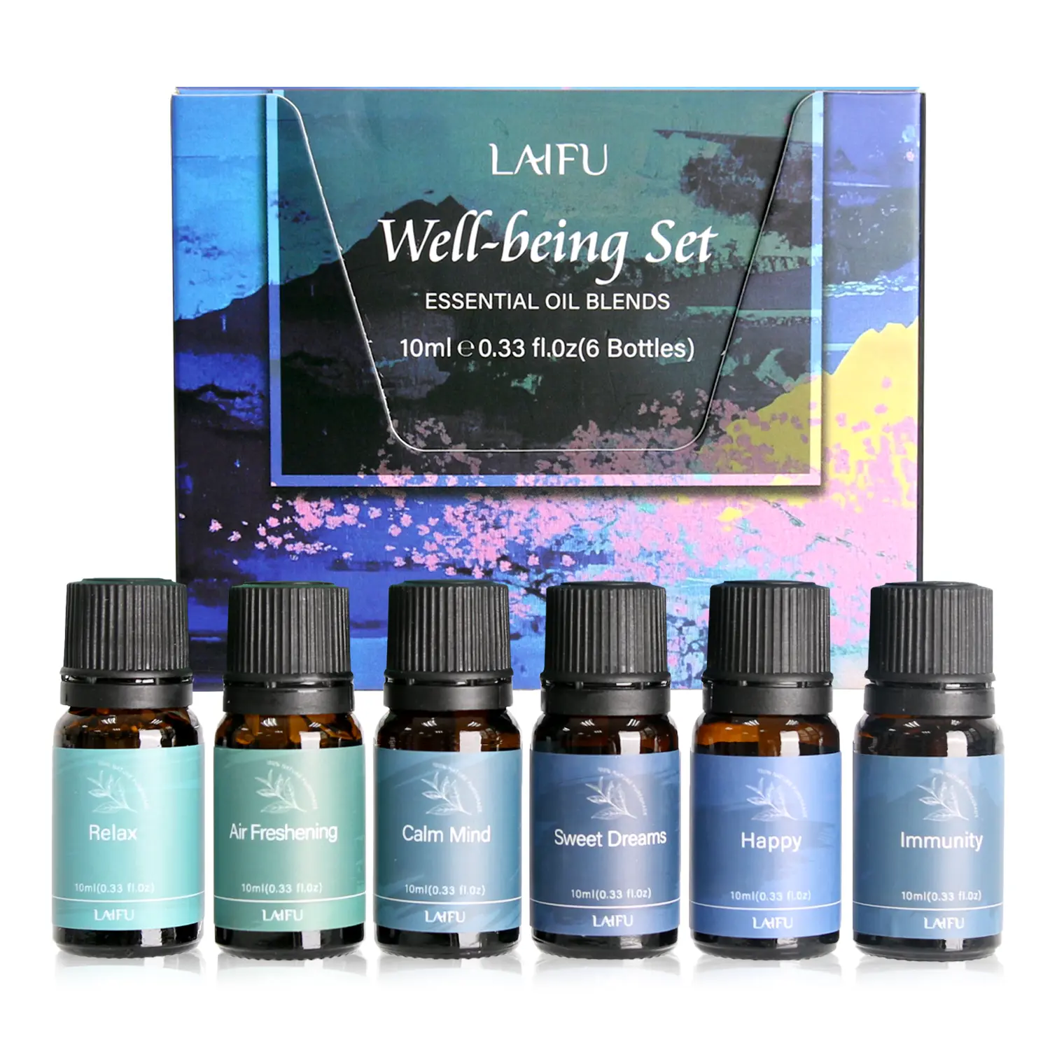Aromatherapy Well-being Essential Oil Set - 6x10ml Fragrance Blends, Tropical Scents (Plumeria, Coconut, Pina Colada, Ocean Breeze, Strawberry Bali), Sage, Cherry, Aromatic Citrusy Scent, Freshener for Diffuser, Candle Making, Wind Chime, Honeysuckle, Wel
