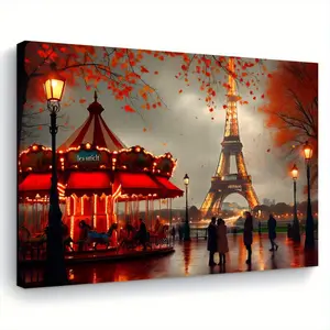2D Flat Painting, One Piece Paris Autumn Canvas Oil Painting - Eiffel Tower and Carousel Wall Decoration, Ready-to-Hang French Landscape Painting, Romantic Paris Theme Living Room Bedroom Kitchen Decoration, Ideal Housewarming Gift (11.8x 15.7inch /30x40c