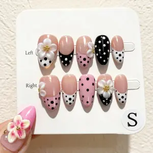10pcs Handmade Press on Nails Almond Shape 3D Floral Nails | Vintage Polka Dot French Tip Handmade Pink False Nails | Bridal Wedding Date Night Party Spring Summer Nails