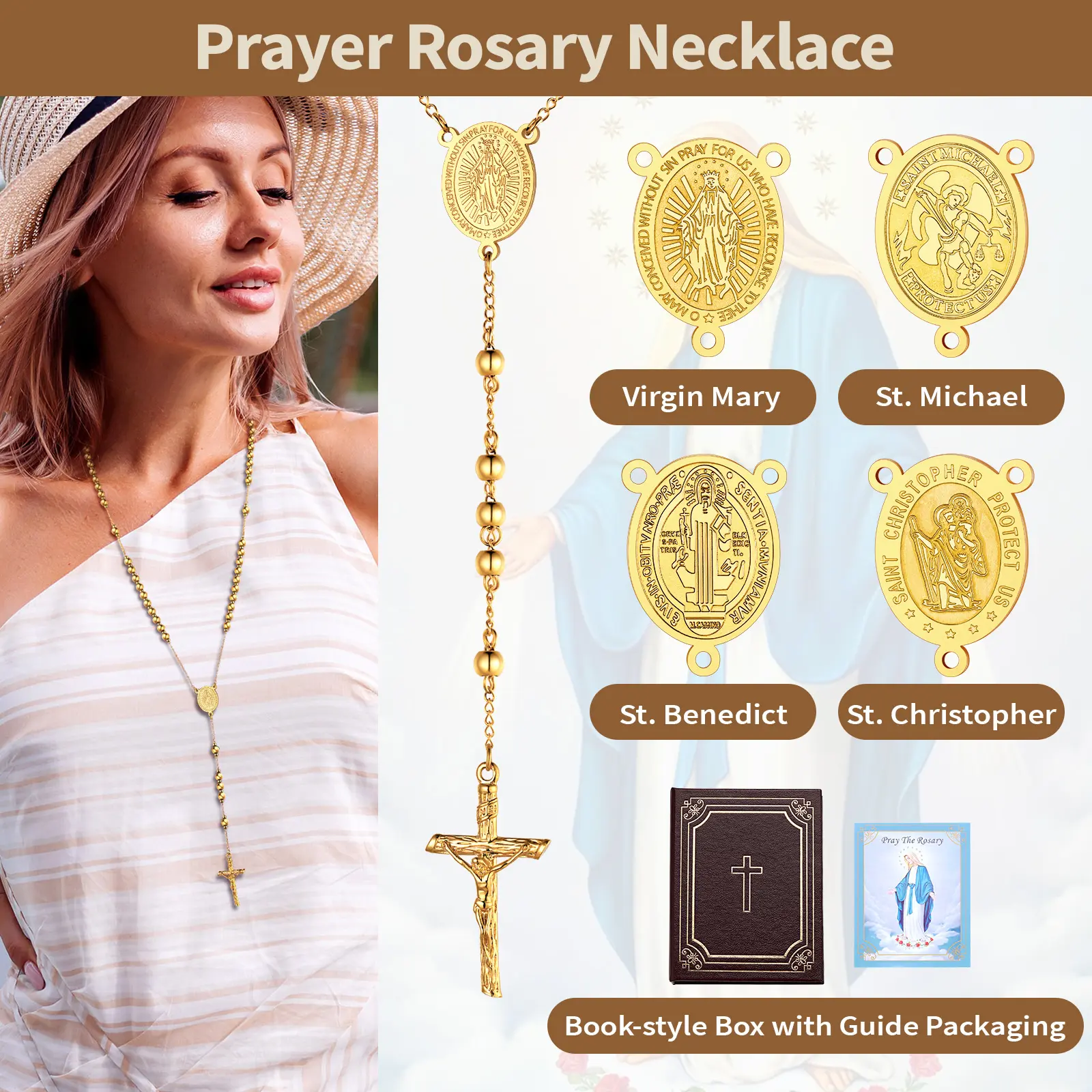 U7 Prayer Rosary Necklace Jesus Cross Crucifix Pendant St. Benedict/ St. Michael/St. Christopher/Virgin Mary Medal Pendant Silver/Golden/Black Stainless Steel Necklace Gifts for Women Men