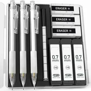 Cute Mechanical Pencil Set with Case - 3 count Pencils 0.7mm with 180 count HB Lead Refills, 3 count Erasers, 9 count Eraser Refills, White Clear Mechanical Pencil for Students Drawing, Writing