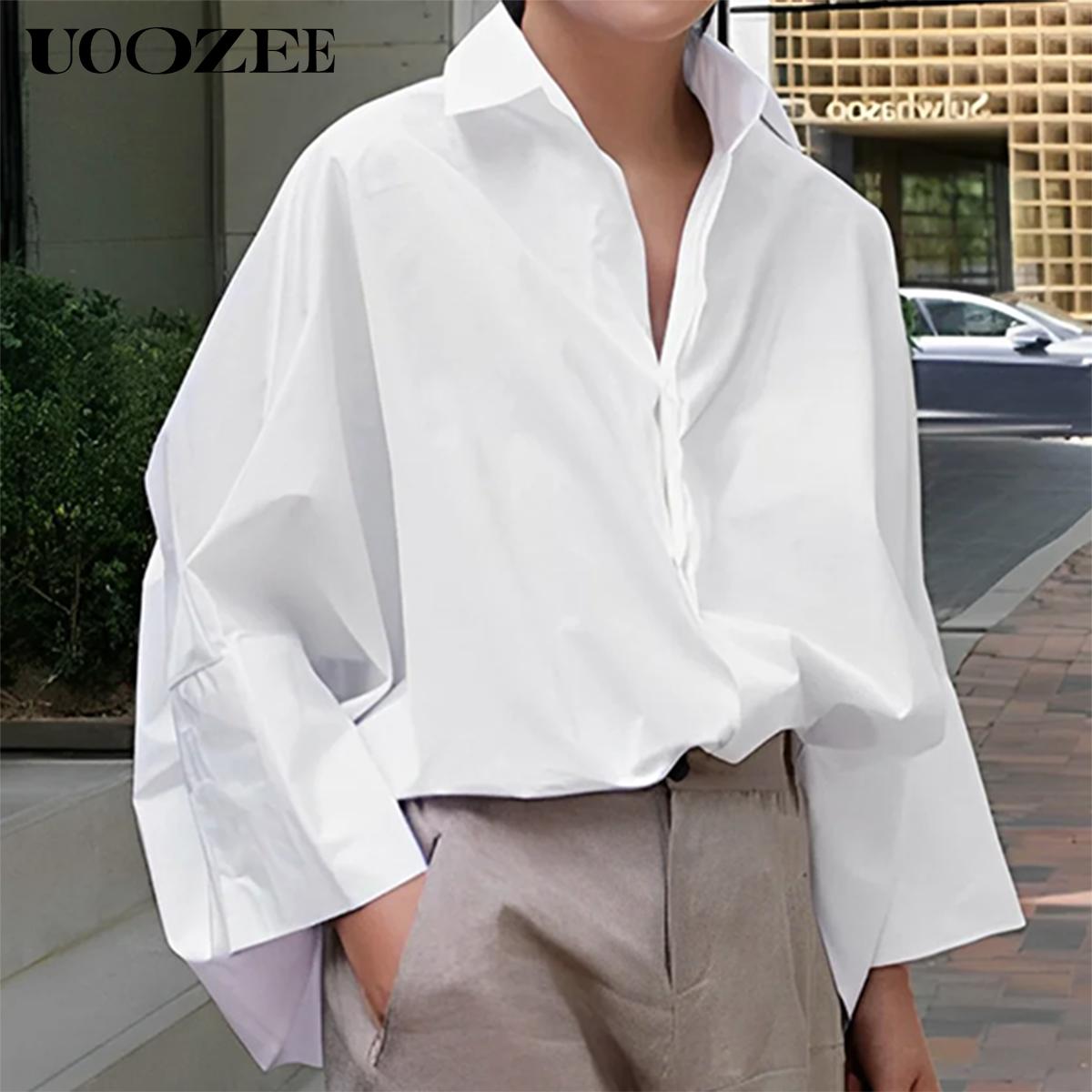 UOOZEE Women's Loose Oversized Collared Lapel Blouse - Polyester Fabric, Basic Style, Comfortable Longsleeve Lady Top for Commuting, Office, Fall Occasions,summervibes