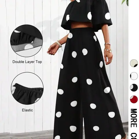 Women's Casual Loose-Fitting Two Piece Set, Summer Matching Set, Off-Shoulder Top & Long Pants, Polka Dot Print, Perfect for Beach and Vacation, Comfortable & Stylish Womenswear