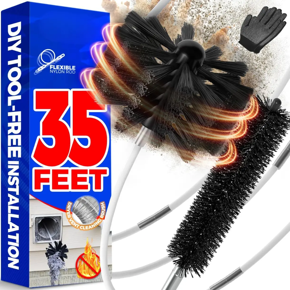 35Feet Dryer Vent Cleaner Kit - Lint Remover,Fireplace Chimney Brushes,Replacement Parts,Duct Cleaning,Flexible Lint Brush with Drill Attachment×2,Use with or Without a Power Drill
