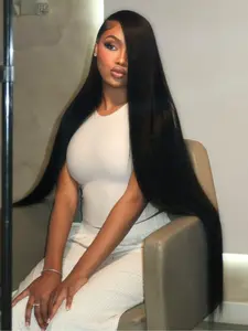 32 Inch Black Long Straight Wig 13x4 Lace Front Wigs Pre-Plucked Natural Hairline Heat Resistant Synthetic Wig Free Part HD Transparent Lace Frontal Wig Black Concert Look Straight Wig Coachella Festival Look