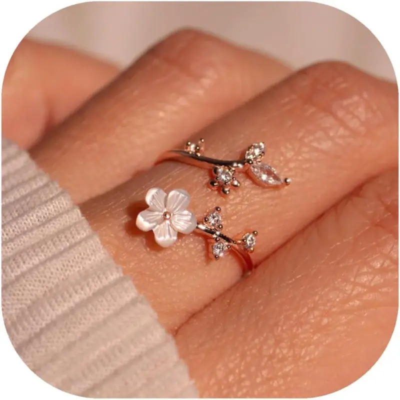 Women's Adjustable 14K Gold-Silver Plated Flower Ring - Cubic Zirconia, Mother of Pearl, Non-Tarnish/Tarnish-Proof Jewelry, Adjustable Fit, Premium Materials, Size 7-11, Versatile Gift Option,summerwins Signature Style