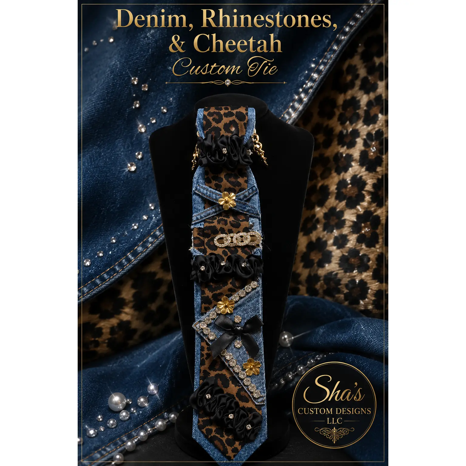 Denim, Rhinestones, & Cheetah Custom Tie