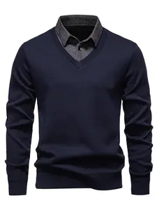 Men's Fake Two-Piece V-Neck Knit Sweater, Long Sleeve, Colorblock Shirt Collar Effect, Soft Skin-Friendly Fabric, Ribbed Hem for Warmth, Casual & Commute Wear, Knitwear