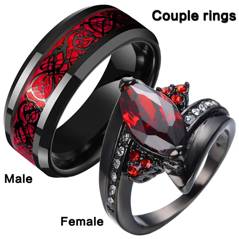 Couple's Fashion Ring Set, Elegant Stainless Steel Jewelry with Dragon Inlay and Red Gemstone, Matching Promise Rings, Elegant Fashion Rings, Fashion Rings