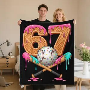Funny 67 Meme Baseball and 67 Number Design Flannel Blanket - Soft Lightweight All-Season Throw with Pink Drip 67 Number and Baseball Bat Pattern, Suitable for Bed, Sofa, Travel - Pink Cozy Gift,