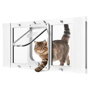 Window Cat Door with Adjustable Width 31 to 36 Inches, 4 Secure Lock Modes, Aluminum Frame and Clear Tempered Glass, Magnetic Closure, Weatherproof Quick-Fit Pet Door for Cats, White