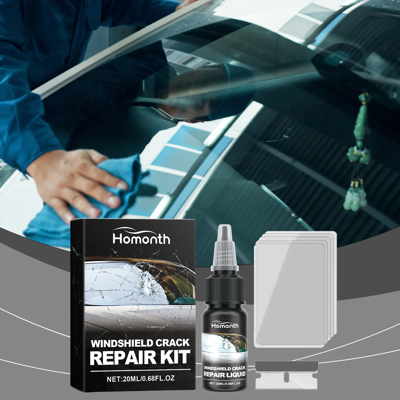 Homonth Cracked Windshield Repair Kit - Automotive Glass Maintenance Tool with Nano Adhesive, Quick Repair Fluid for Car Front Windshield Fix, Quick Windshield Repair, Car Front Windshield Repair