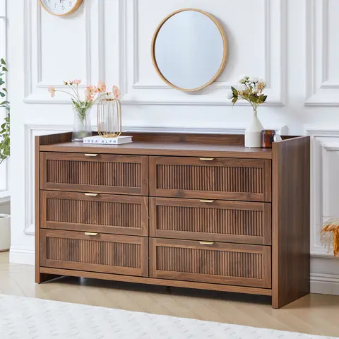 FurSch Mid Century Modern Walnut Dresser with 6 Drawers, Fluted Storage Cabinet, Wide Chest of Drawers for Bedroom Living Room