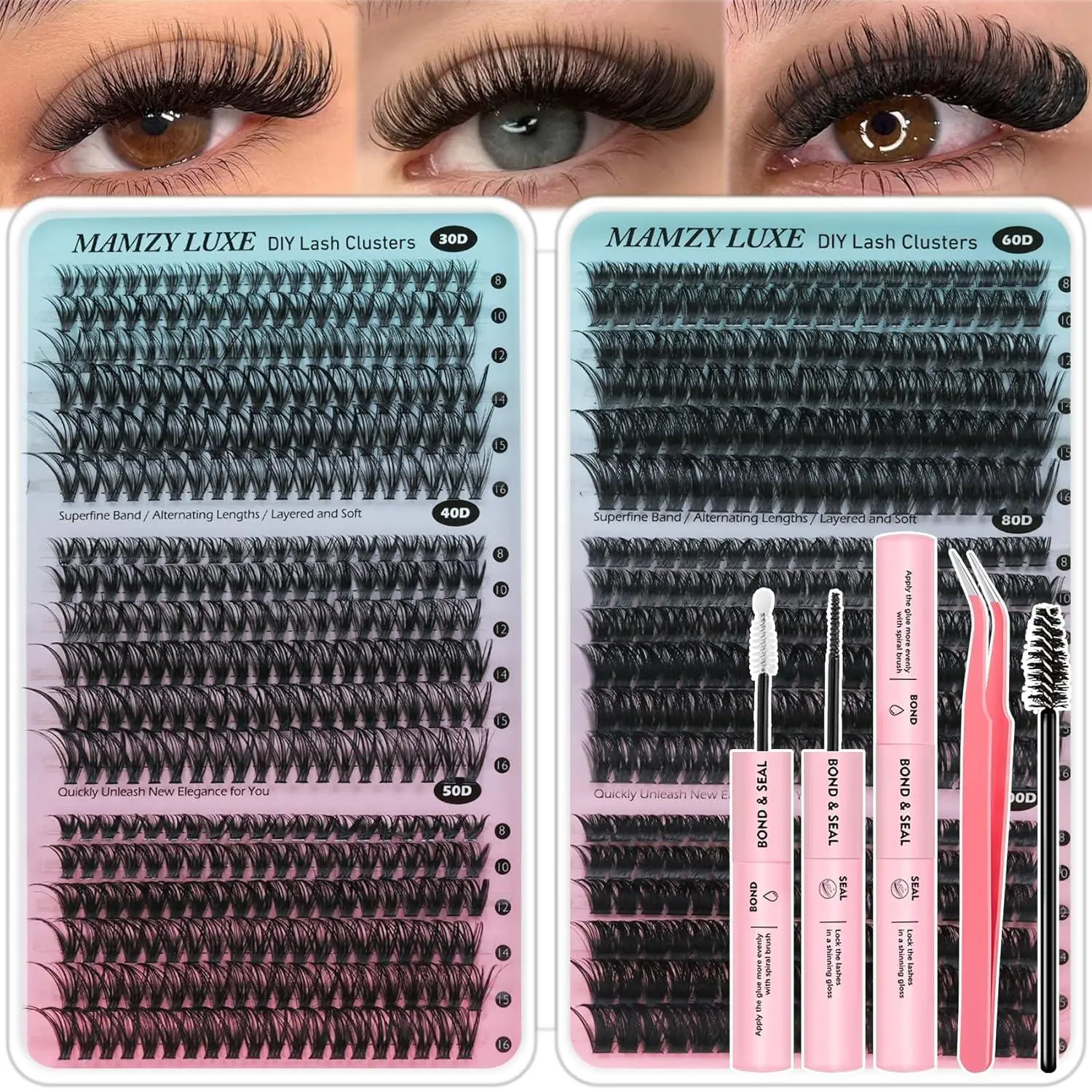 Lash Clusters Kit 708Pcs Individual Cluster Lash Extensions Kit 30D+40D+50D+60D+80D+100D Wispy Eyelash Clusters with Lash Bond and Seal and Tweezers 10-16Mm 6 Styles Mix Lashes Clusters Kit Mamzy Luxe