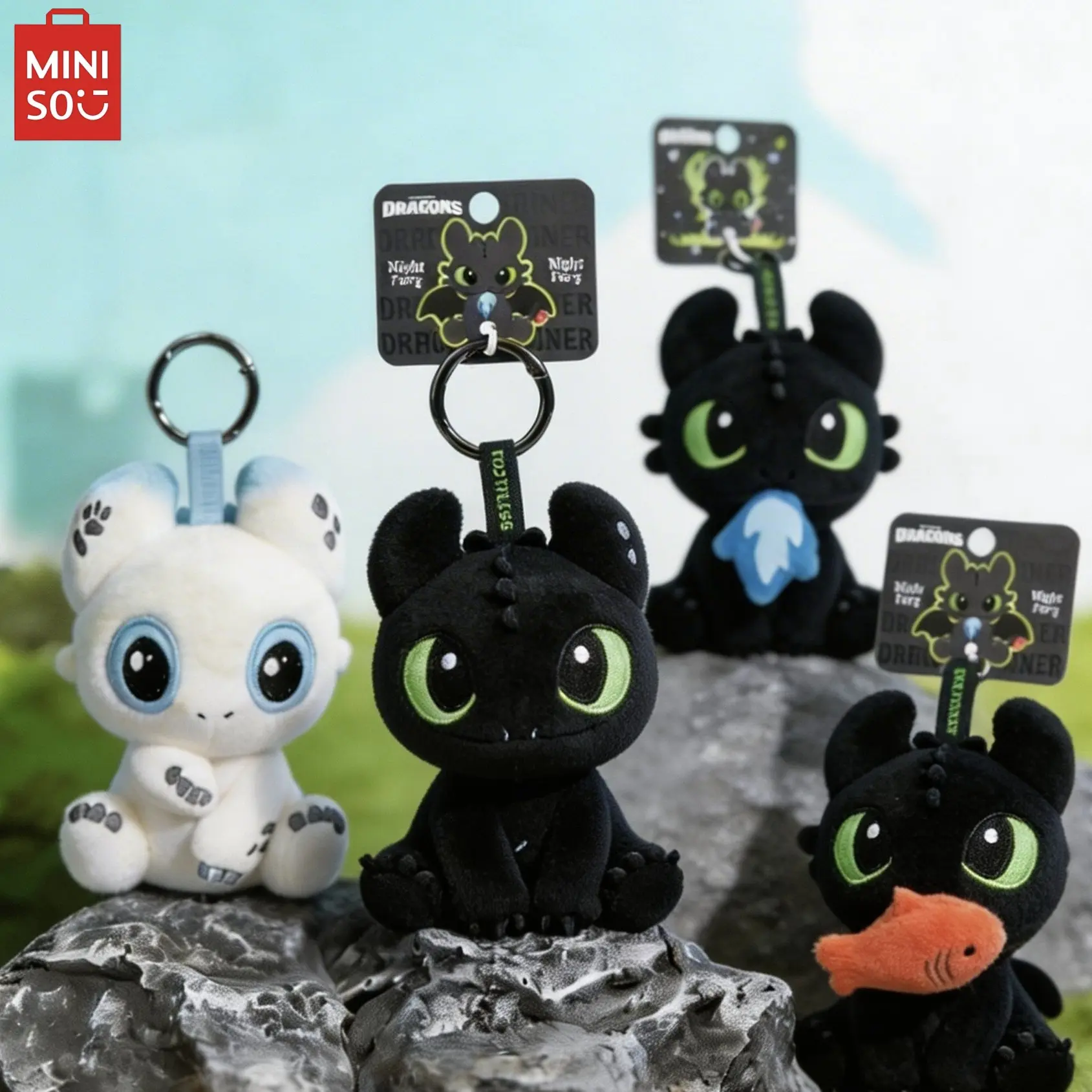 Miniso How to Train Your Dragon Plush Keychain, Chibi Toothless Fluffy Bag Charm with Interactive Drawstring, Collectible Anime Keychain Decor for Fans, Key Charms