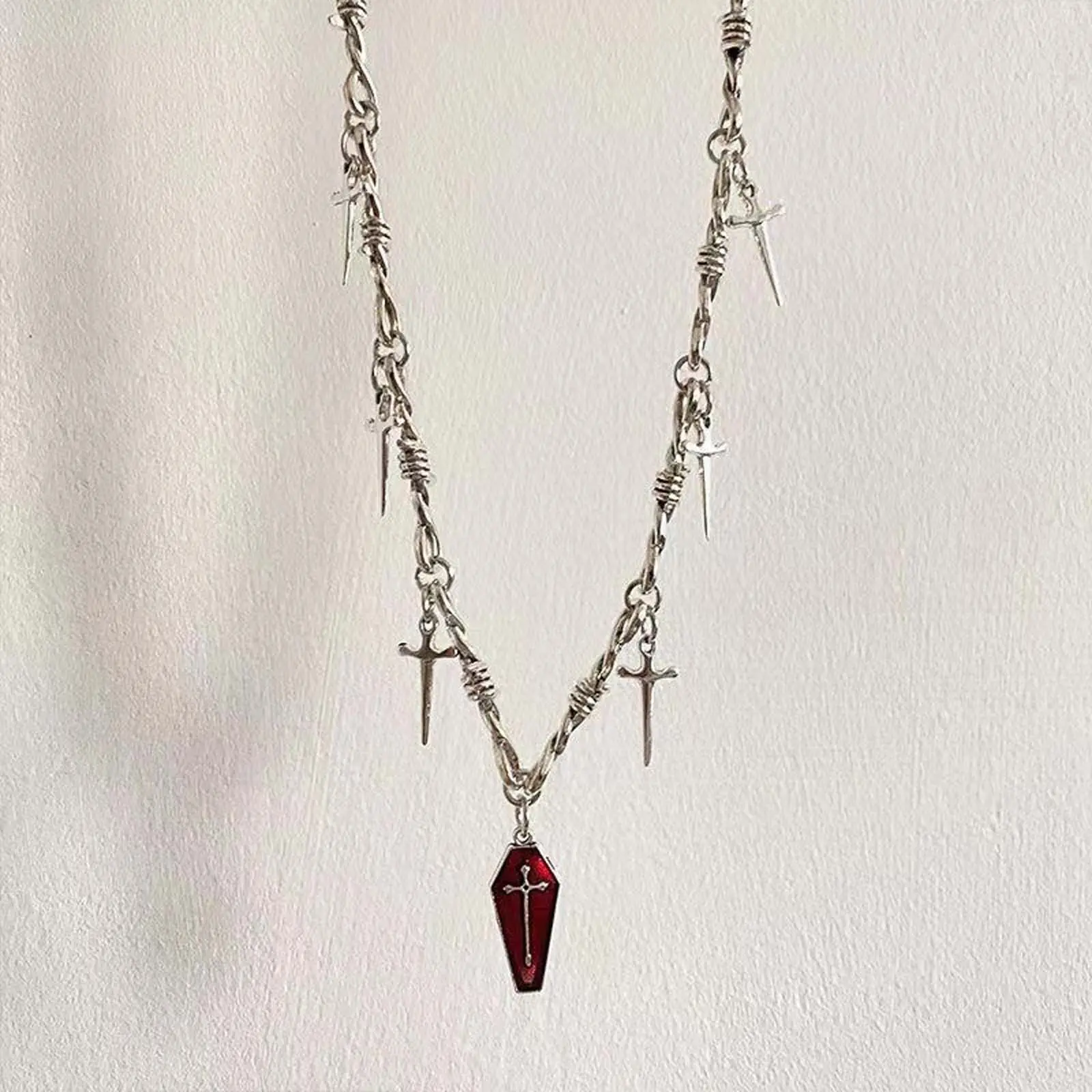 Women's Gothic Vintage-Inspired Statement Pendant Necklace - Gothic Elements, Street Style, Coffin Cross, Thorn Patchwork Chain, Sword Cross, Artificial Gemstone, Everyday Gift