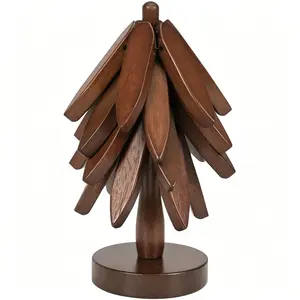 4Pcs Walnut Tree Shape Wooden Coaster Set Foldable Heat Resistant Placemat with Storage Stand for Hot Dishes,pots, Pans, Bowls, teapots, Warming Trays