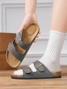 Unisex Non-Slip Slip-On Casual Sandals, Leather Texture Design with Arch Support, Adjustable Buckle, All-Season Outdoor Summer Shoes