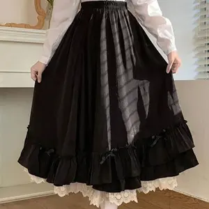 JapaneserufflespleatedskirtwomansweethighwaistlooseAnkle-lengthskirtswomencollegestyleblackpatchworkA-lineskirtWomenswearBottomCuteMaxi