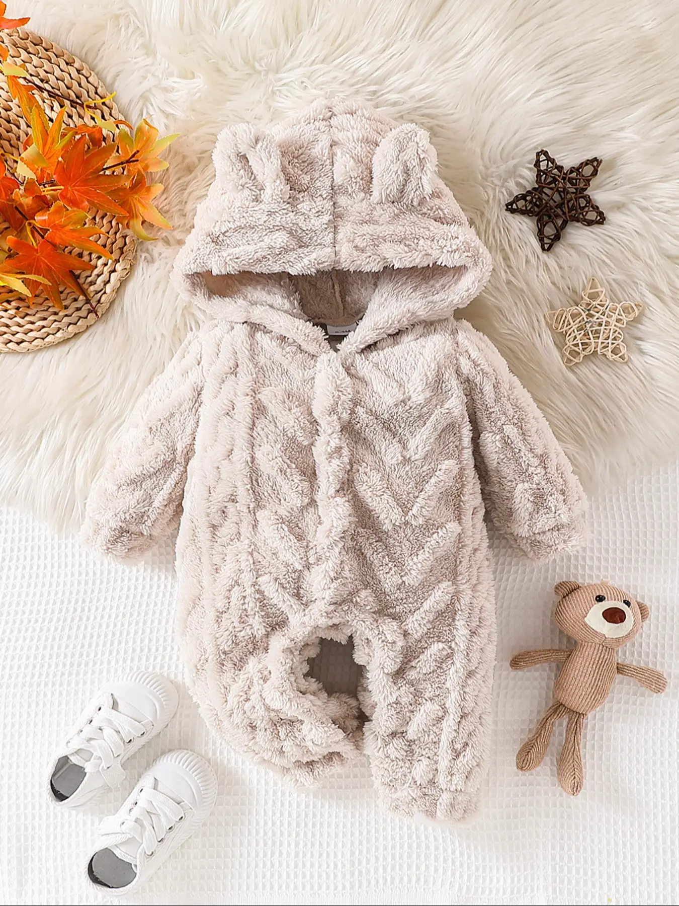 Girls' Solid Color Plush Hooded Jumpsuit, Warm Fall, Soft Fabric, Comfortable Fit, Ideal for Autumn Weather, Hooded Fleece Onesie, Hooded Onesie Pajamas, Pj Onesie