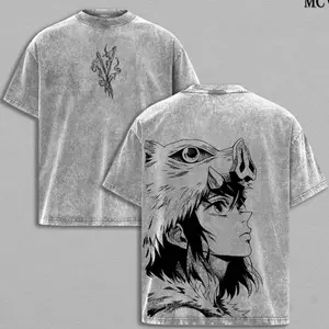 Inosuke - Demon Slayer Anime Double Printed Vintage Washed Tee Unisex Oversize Anime Manga Washed Heavyweight Cotton T-shirt, Gift For Anime Fan, Anime Lover MRO