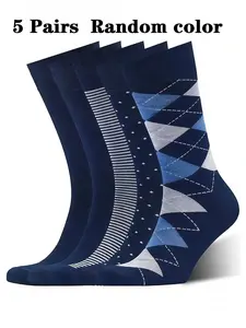 5 Pairs Spring Fall Deep Blue Unique Geometric Pattern Mid-Calf Socks, Business Commute Daily Versatile Comfortable Socks, All Seasons Wear
