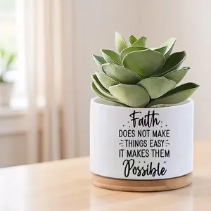 "Faith Makes Them Possible" Inspirational Succulent Planter - 3.7 Inch Ceramic Flower Pot with Bamboo Tray, Religious Spiritual Gift for Women, Motivational Home Office Desk Decor, Christian Faith Gift