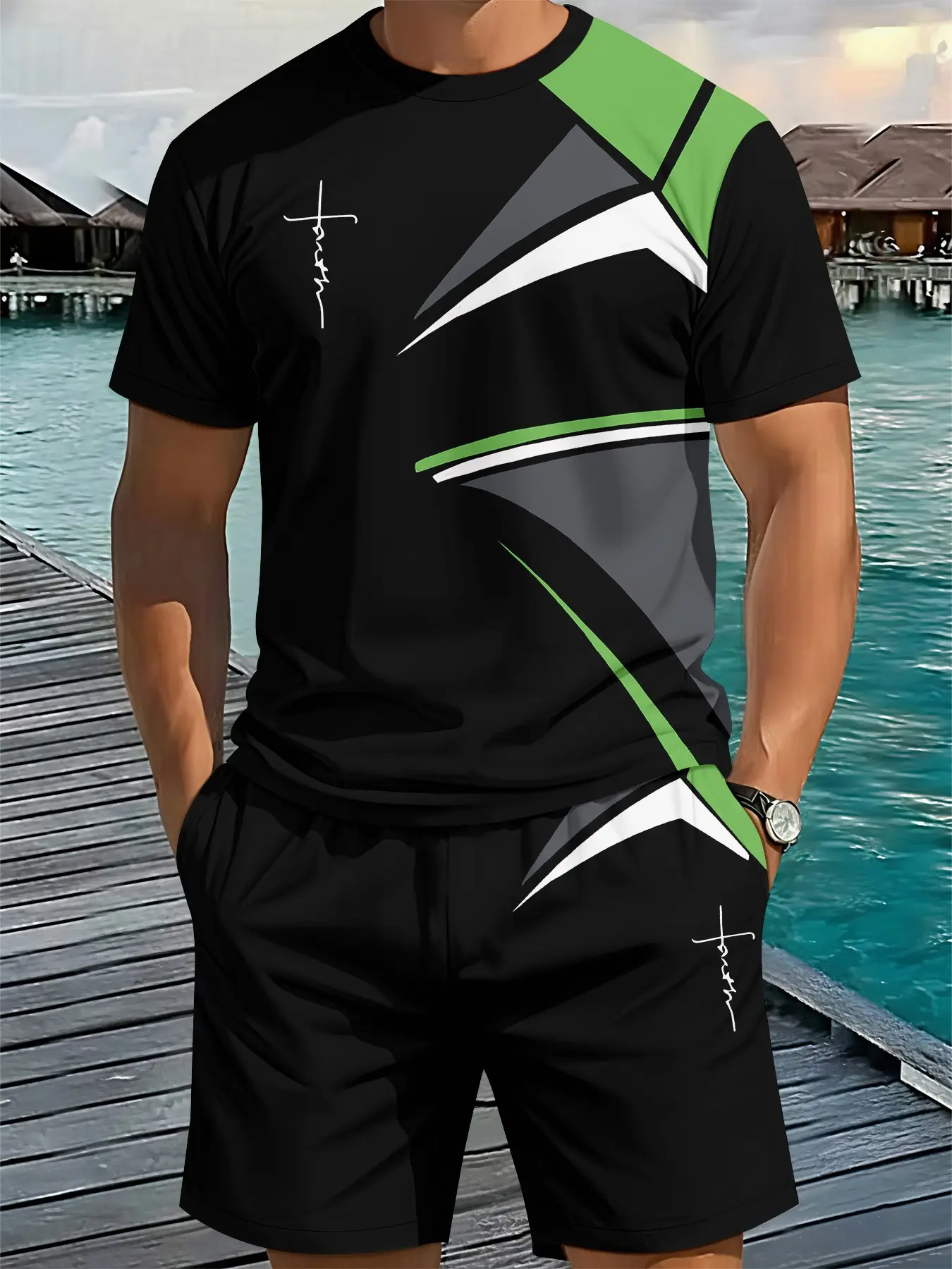 Men's 3D digital printed Round Neck two-piece set with black and green geometric line splicing, 2Pcs, Fitted, trendy retro casual two-piece set, vacation-style Tropical trendy outfit, breathable sporty and casual style, a perfect holiday gift for men, Top