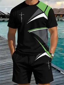 Men's 3D digital printed two-piece set with black and green geometric line splicing, 2Pcs, Fitted, trendy retro casual two-piece set, vacation-style Tropical trendy outfit, breathable sporty and casual style, a perfect holiday gift for men, Top