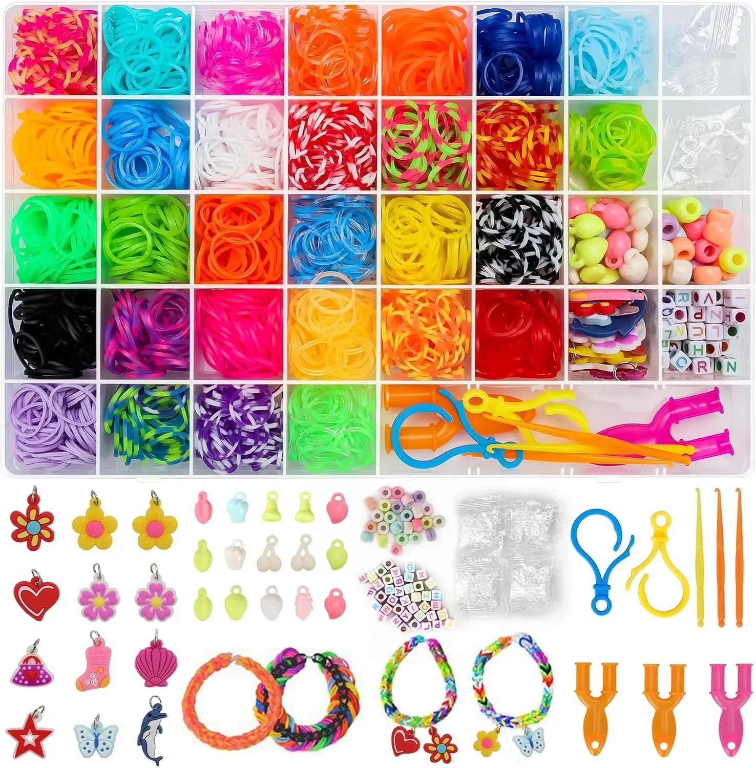 Loom Rubber Band Bracelet Kit, 3000+ 30-Color, Storage Case, Ages 8+ | Latex-free non-toxic, soft & durable, clear organizer, charms & fruit beads, fine motor skills, party favors, beginner friend