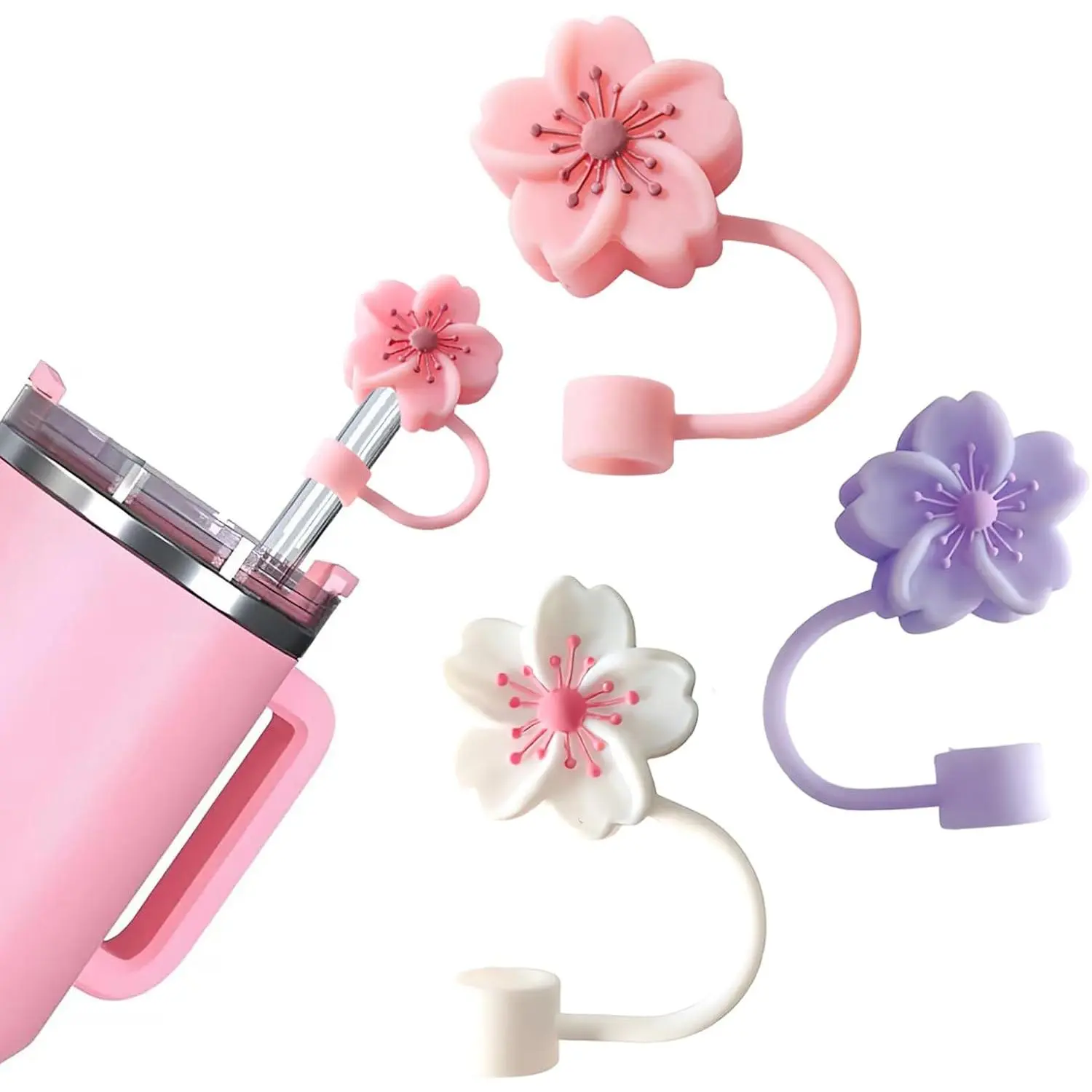 Silicone Straw Caps for 10mm Tumblers |   Reusable Dust-Proof Straw Toppers Compatible with Stanley 30oz & 40oz Tumblers (Purple Flower 3pc)