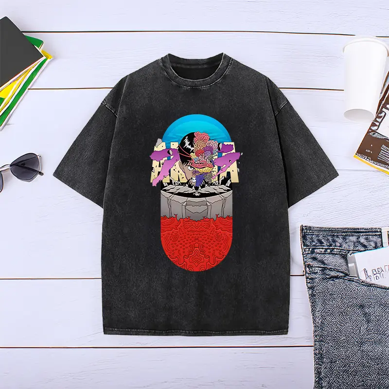 Men's Akira Symbol Distressed Washed Comfy Cotton Basic Daily T-Shirt, Menswear Tops for Streetwear