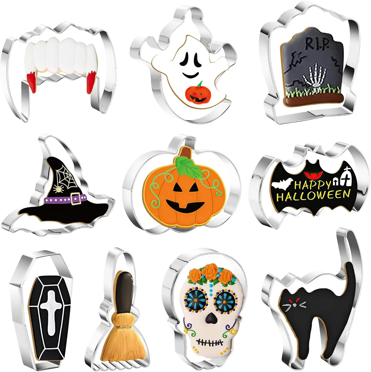 10PCS Halloween Cookie Cutters Set - Skull Bat Candy Corn Pumpkin Ghost Cookie Cutter Shaped, Holiday Stainless Steel Halloween Cookies Cutters Metal Baking Cutter Molds for Party Decorations