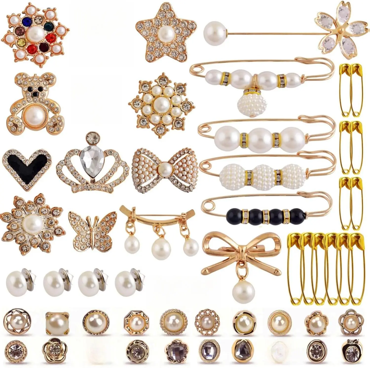 55Pcs Gold Bling Sock Charms Set – Safety Pin Brooches with Pearls & Rhinestones, Trendy Shoe Hat Clothing Accessories