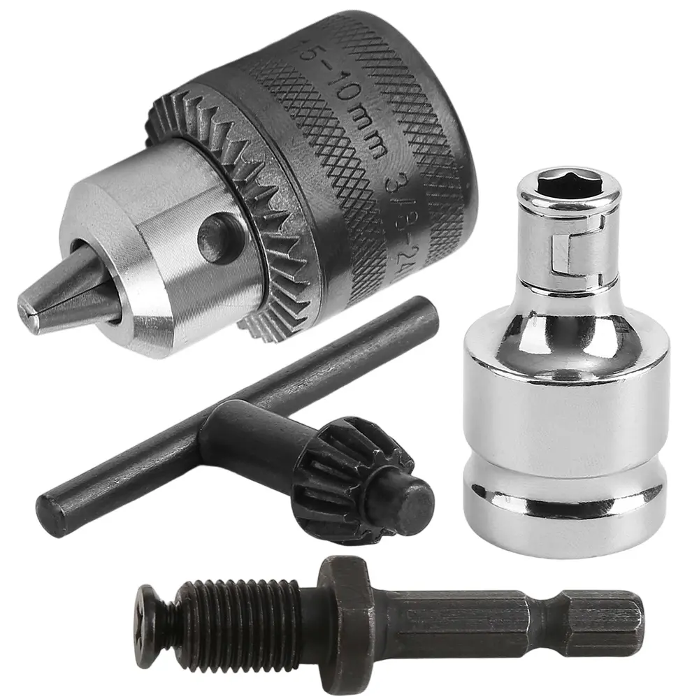 4-Pcs Electric Drill Conversion Kit - 10mm 3-Jaw Chuck, Hexagonal Adapter, T-Shaped Key, Threaded Rod for Electric Wrenches, Simplifies Drill Bit Changing, Versatile Set for Drilling Tasks, Woodworking & Metal Drilling Chuck Set
