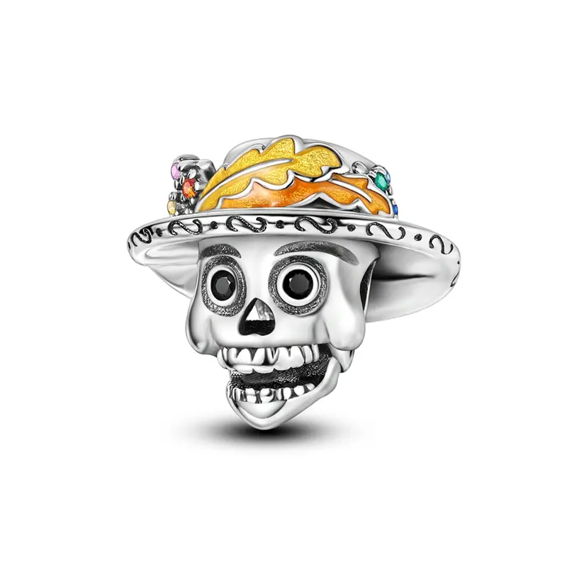MULA Jewelry Charm, Hip Hop Style Silver-Plated Skull with Colorful Enamel & Cubic Zirconia, Women's Pandora Compatible Gift for Day of the Dead & Valentine's Day, Skull Accessory, Valentines Day
