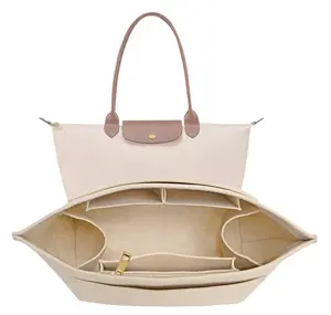 Purse Organizer Insert for Longchamp Le Pliage M Handbag Insert Felt Long Champ Tote Bag Organizer Insert with Cup (Beige, Medium)