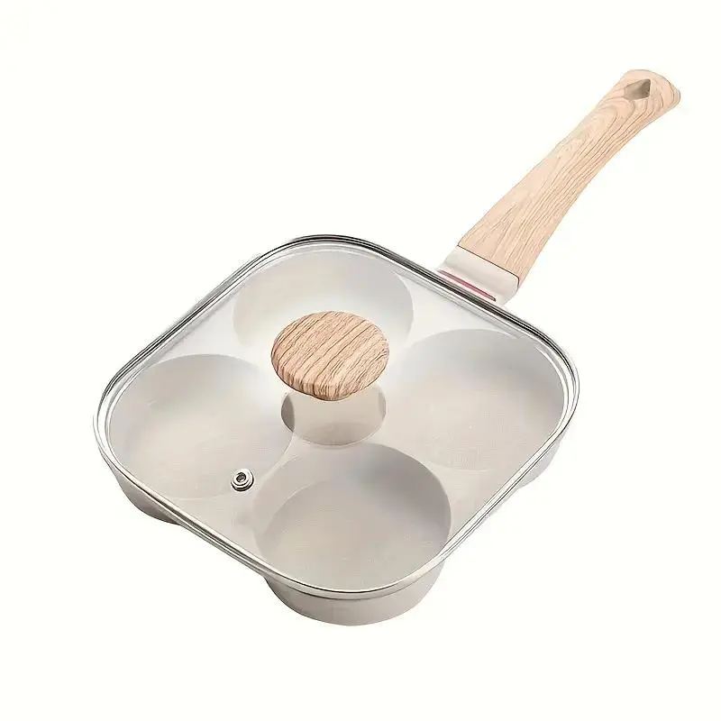 4-Hole Non-Stick Frying Pan with Lid and Wooden Handle – Egg & Burger Breakfast Pan for Home Cooking | Durable Easy Clean Skillet, Viral Kitchen Gadget, Nonstick Cooking Tools, Perfect Gift for Foodies, Non Stick Pans