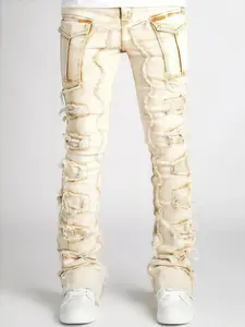 Men's Slim Fit Stretch Jeans Stacked Straight Leg Light Yellow Comfortable Classic Street Style Mid-rise Denim Pants