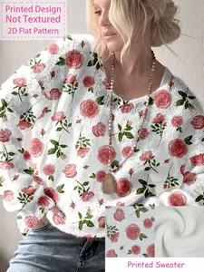 Spring Summer Women's Rose Floral Print V-Neck Knit Sweater, Casual Loose Fit Pullover, Perfect for Vacation, Womenswear